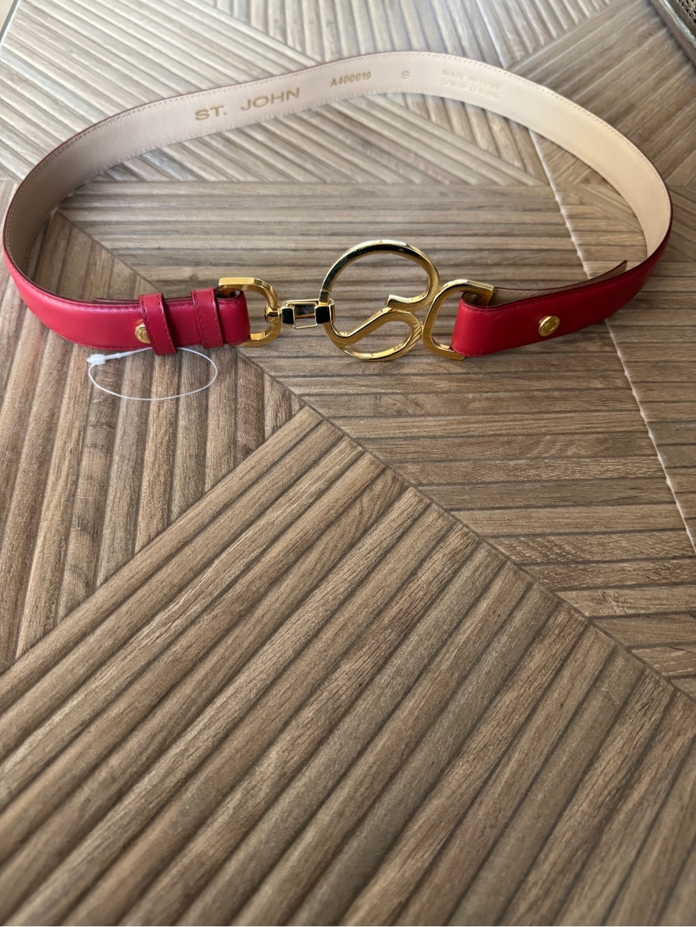 St. John Red Leather Belt with Gold Signature Interlock Size S